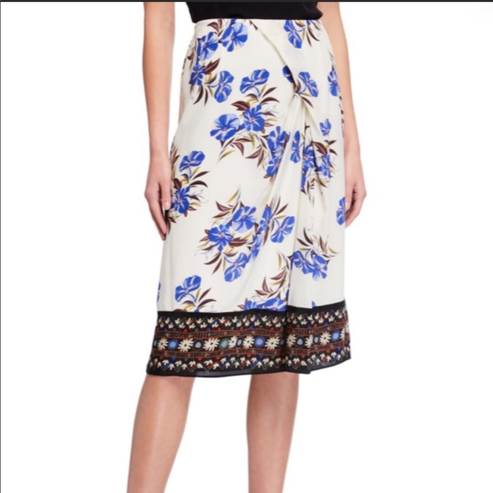 Kobi Halperin Silk Lyle Ivory & Blue Floral MIDI Skirt Size Medium NWOT